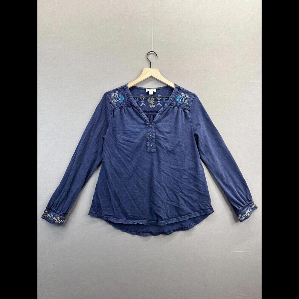 Style&Co Womens Blue Blouse Floral Button Long Sleeve V-Neck Size Medium